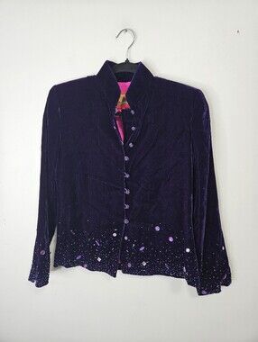 Shanghai Tang Mandarin Velvet Jacket Women's Sz 6 Purple Embellished Evening